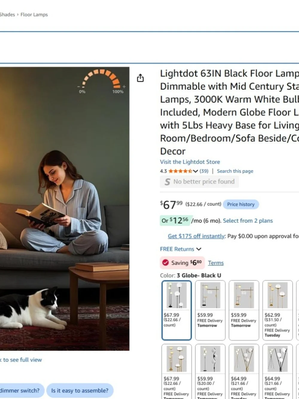 Black Triple-Globe Floor Lamp with White Glass Shades
